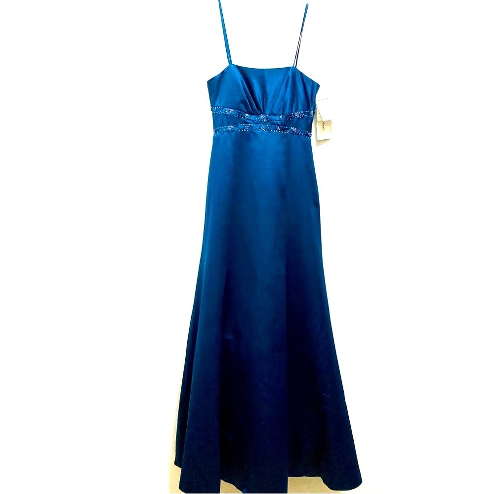 NEW David’s Bridal Cobalt Blue Satin Silk Prom Maxi Dress Long Evening Gown